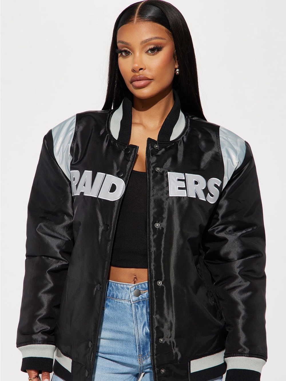 Black & Silver Raiders Bomber Jacket - Women
